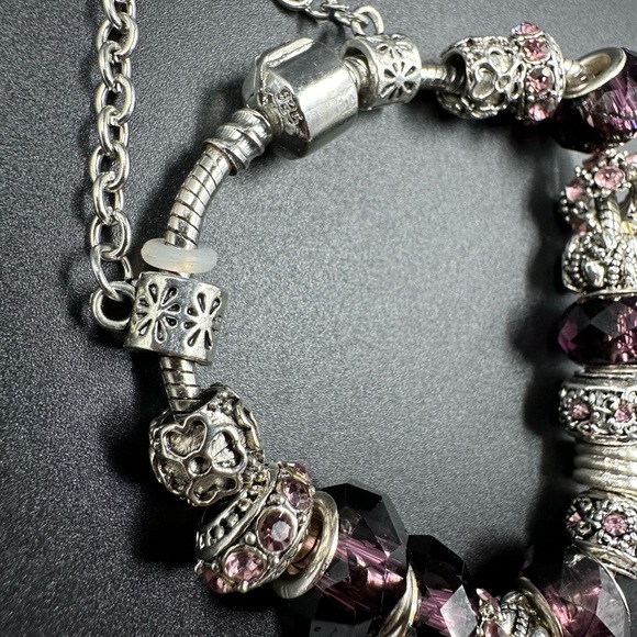 Slider Charm Bracelet Deep Purple and Silver Ornate and Faceted Beads - Picture 3 of 3